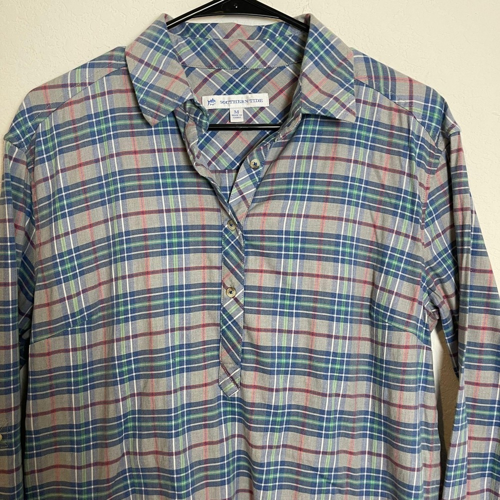 Southern Tide Womens Plaid Shirt Dress Long Sleeve 1/4 Button Up M Beach Summer